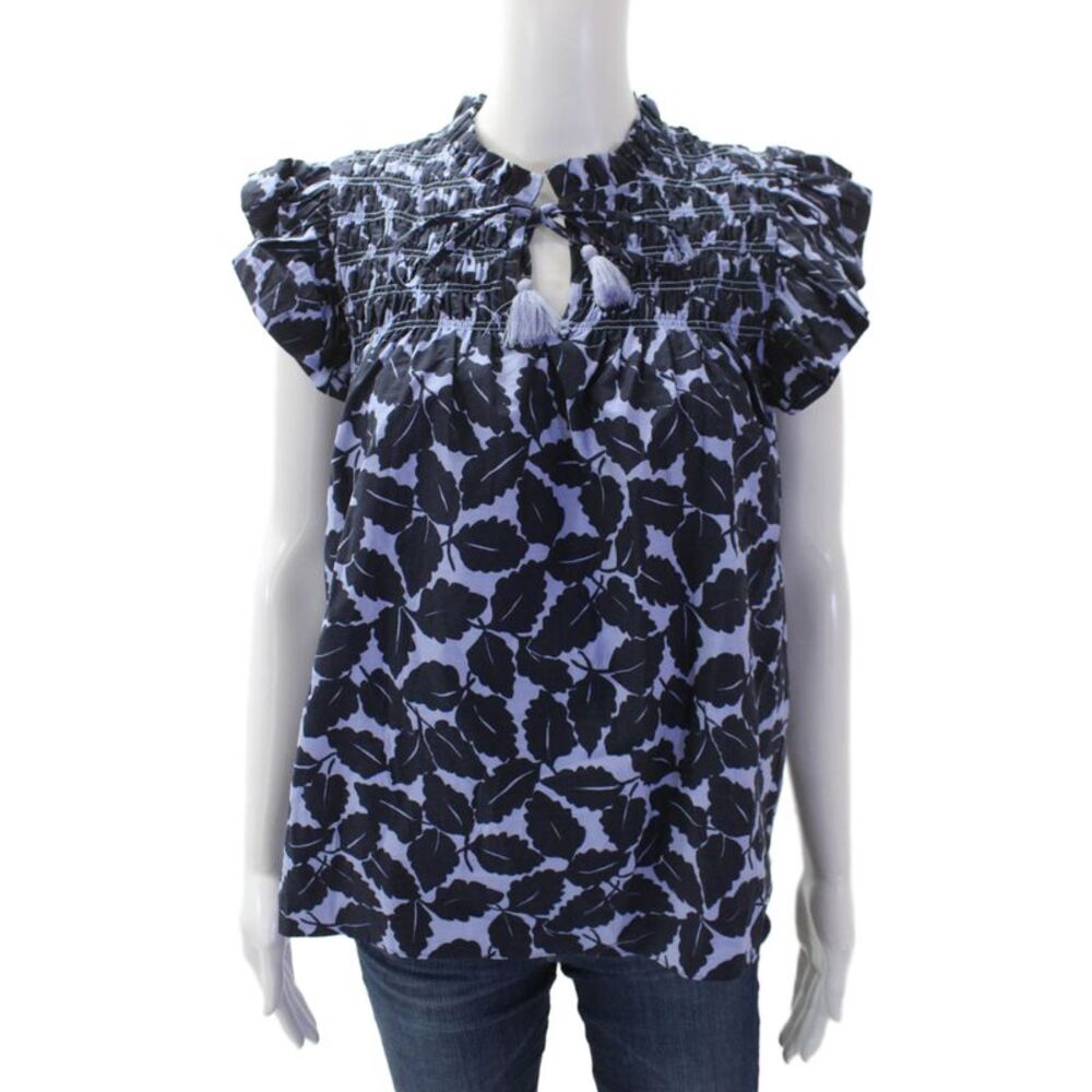 STS Sail To Sable Womens Floral Ruffle Short Sleeve Blouse Blue Size S